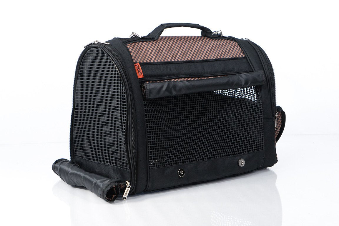 Brown checkered Pink Coconut 358 Hideaway™ backpack pet carrier with side rolled-up design for easy pet transport.