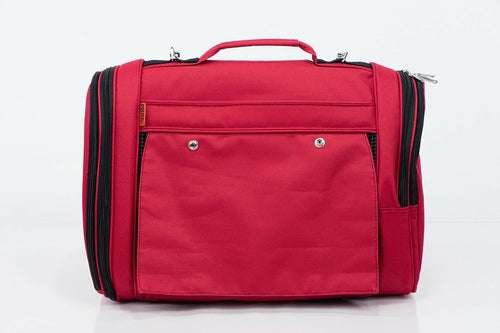Pink Coconut 358 Hideaway™ Pet Carrier backpack in burgundy, front view showing breathable mesh sides and sturdy handle.