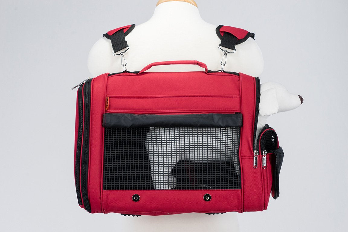 Pink Coconut 358 Hideaway™ backpack pet carrier in burgundy, shown in-use with a pet inside for comfortable travel.