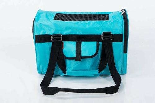 Pink Coconut 566 Jet Carrier pet carrier in aqua, front view showing mesh sides and secure zipper for small pets.