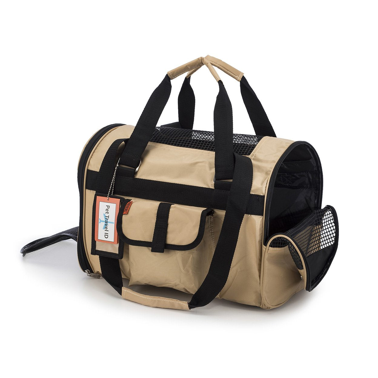 Pink Coconut 566 Jet Carrier pet carrier in khaki, side view with open sides showing mesh ventilation for pets.