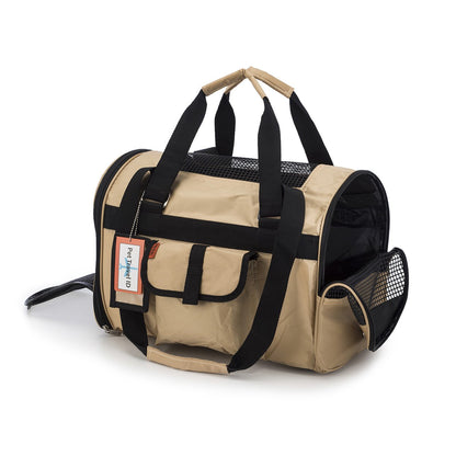 Pink Coconut 566 Jet Carrier pet carrier in khaki, side view with open sides showing mesh ventilation for pets.