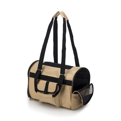Pink Coconut 566 Jet Carrier pet carrier in khaki with adjustable straps, designed for comfortable pet travel.