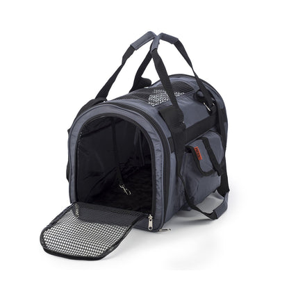 Open inside view of Pink Coconut 566 Jet Carrier pet carrier, showcasing breathable mesh sides and secure zipper closure.