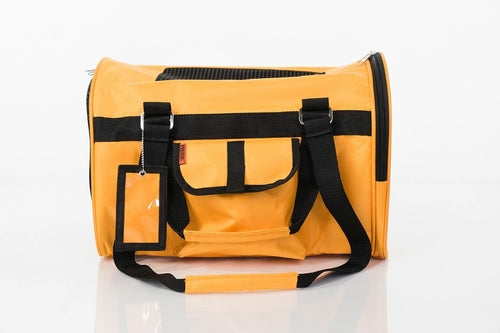 Pink Coconut 566 Jet Carrier pet carrier in tangerine, front view showing mesh ventilation and sturdy handle for pets travel.