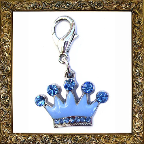 Salmon Oscar Crown Crystal and Enamel Pet Dog and Cat Charm attached to a leash or collar, featuring a royal crown design.