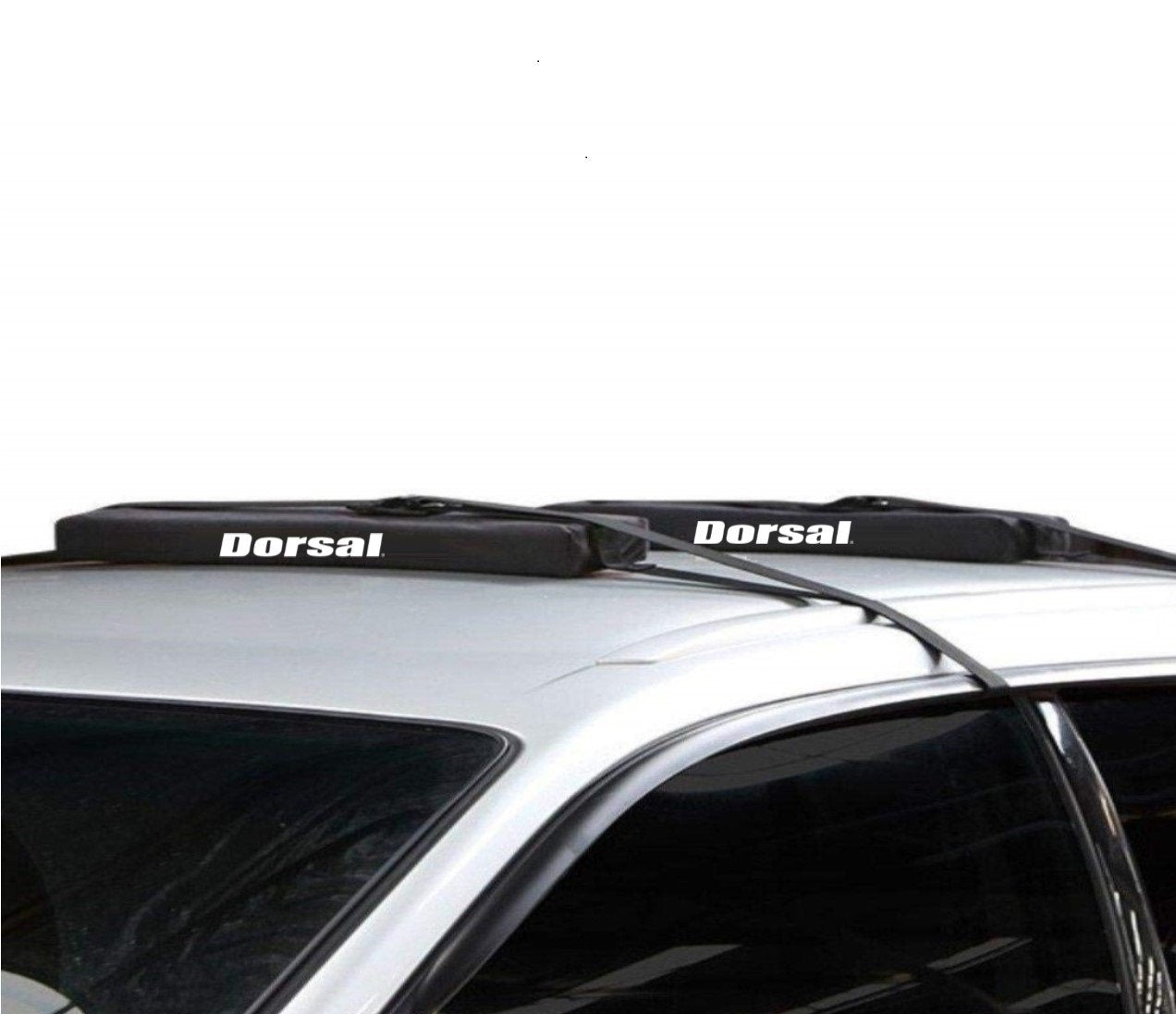 Cyan Hecuba DORSAL Wrap-Rax SUP wide surfboard longboard soft roof pads on a vehicle roof for secure transportation.