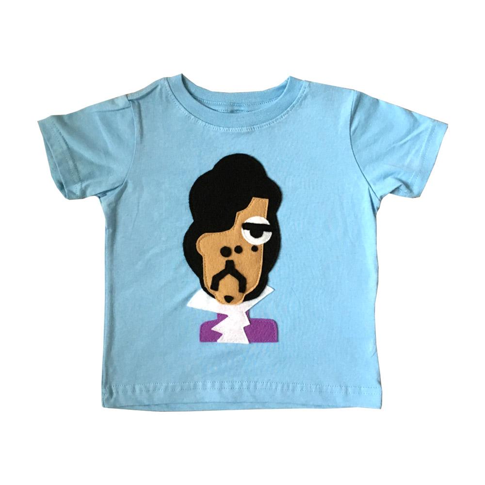Purple toddler wearing Sky Blue Milo "Who is the Prince?" kids T-shirt with a fun graphic design.