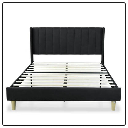 Queen size Mid-Century Black Linen Platform Bed Frame with Upholstered Headboard