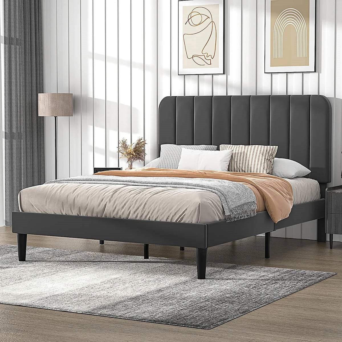 Queen size Dark Grey Upholstered Platform Bed Frame with Headboard