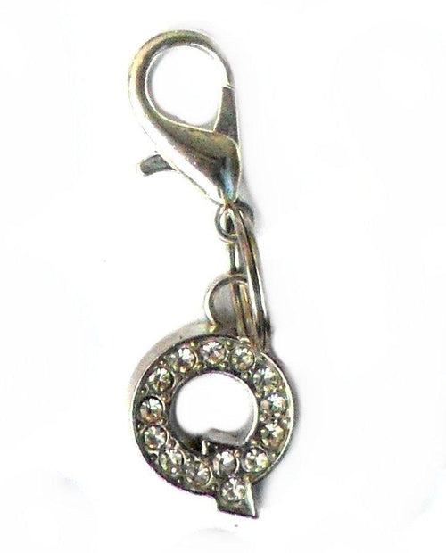 Salmon Oscar A-Z Crystal Pet Charm in letter Q attached to a colorful collar for dog or cat accessories.