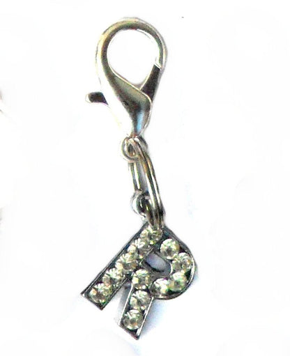 Salmon Oscar A-Z crystal letter pet charm attached to a leash or collar, featuring sparkling crystal letters for personalized pet accessories.