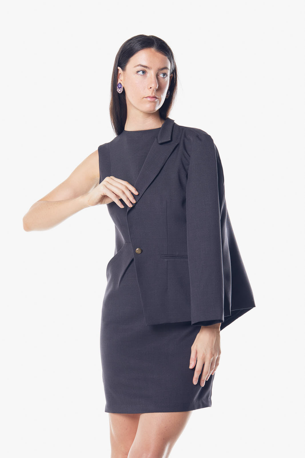 Women’s Luxe Charcoal Blazer by Mauve Daisy, tailored office jacket with a fitted design and classic lapel, suitable for professional wear.