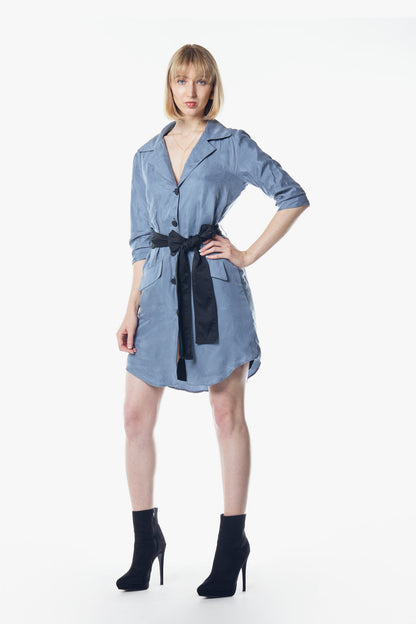Cielo Blue blazer dress for women by Mauve Daisy, tailored blazer-style dress with fitted silhouette and stylish lapels.