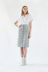 Women’s Luxe Plaid Tweed Pencil Skirt by Mauve Daisy, featuring a chic tailored design in stylish plaid and tweed fabric.