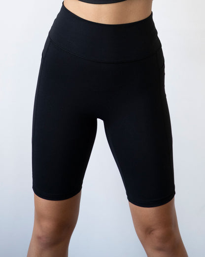 Black Lemon Molly Making Moves pocket biker shorts, 8.5-inch inseam, front view showing fitted women&