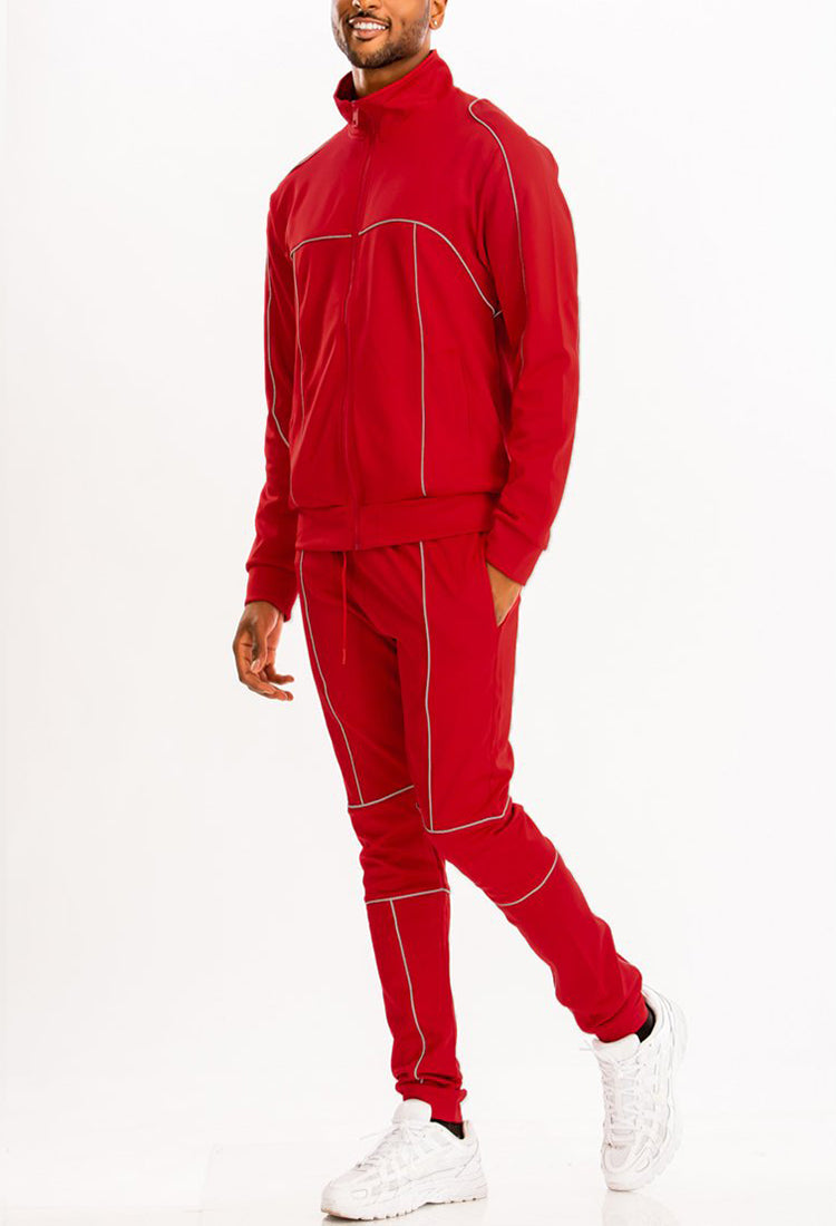 Lime Milo 3M Reflective Pipe Track Set for men, featuring red and black athletic clothing with reflective details.