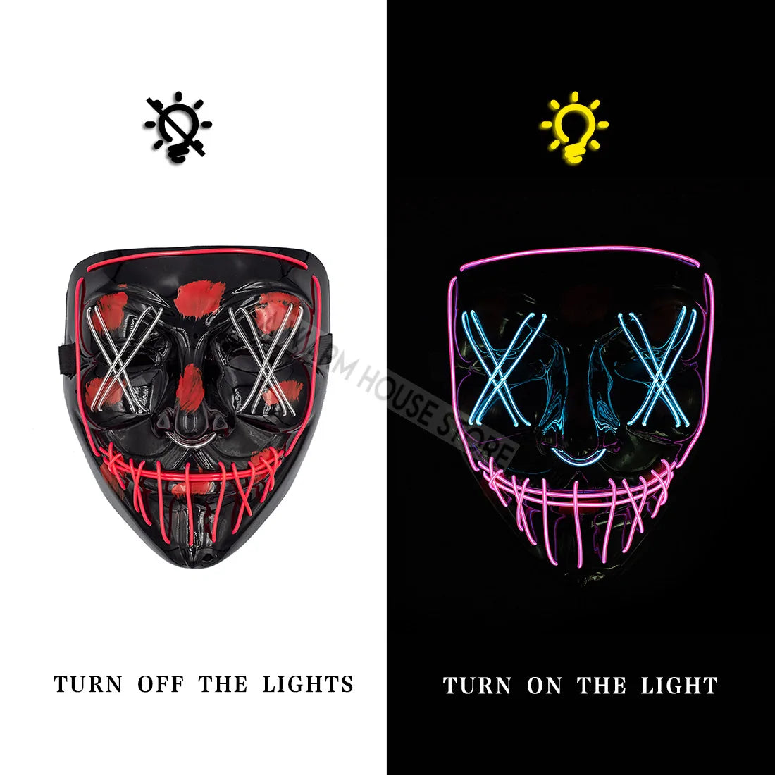 Pets wearing White Eucalyptus Halloween LED masks with glowing features for festive pet costumes.