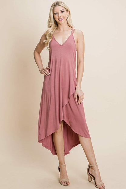 Dusty pink deep V cami casual dress with high-low hem and crisscrossing straps by Aquamarine Gaia, styled for women&
