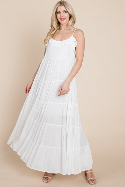 Cream tiered tie strap cami maxi dress for women from Aquamarine Gaia, featuring a flowy silhouette and adjustable straps.