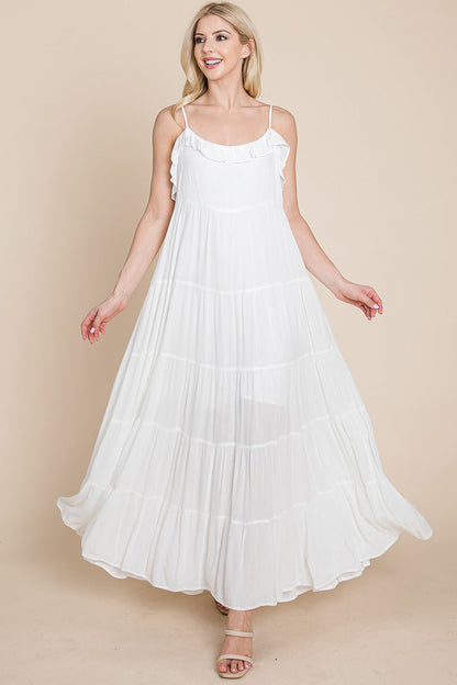 Cream tiered tie strap cami maxi dress by Aquamarine Gaia, featuring flowy fabric and adjustable straps in a women&