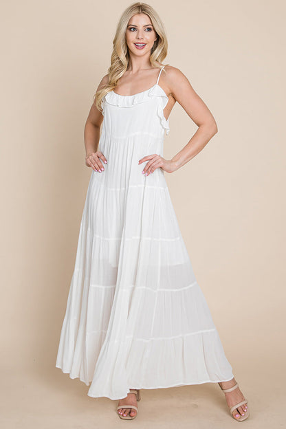 Cream tiered tie strap cami maxi dress for women by Aquamarine Gaia, featuring layered fabric and adjustable straps.