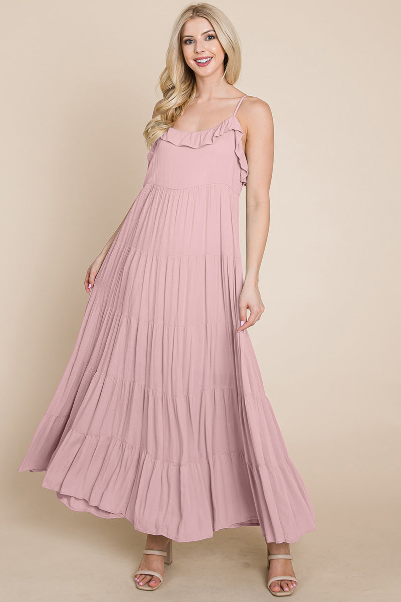 Pink tiered tie strap cami maxi dress for women by Aquamarine Gaia, featuring a flowy silhouette and adjustable straps.