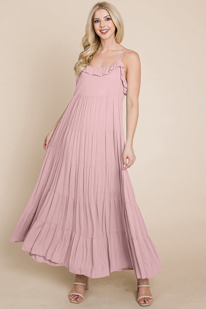 Pink tiered tie strap cami maxi dress for women by Aquamarine Gaia, featuring a flowy silhouette and adjustable straps.