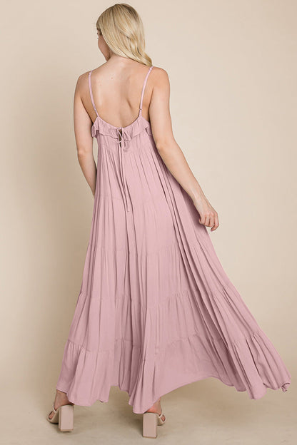 Pink tiered tie strap cami maxi dress by Aquamarine Gaia, featuring a flowy design with adjustable straps for women.