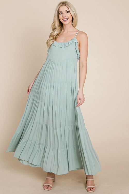 Sage green tiered tie strap cami maxi dress by Aquamarine Gaia, flowing women&
