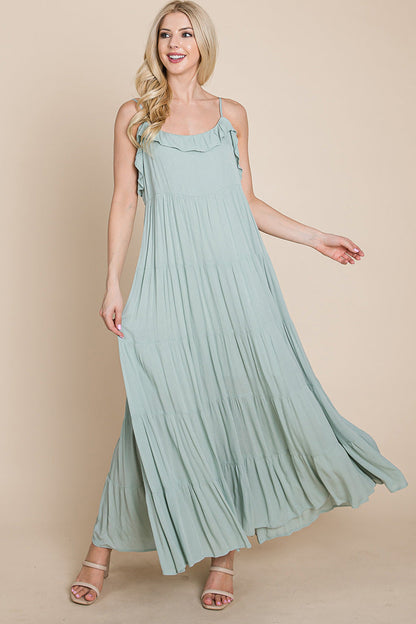 Sage green Aquamarine Gaia tiered tie strap cami maxi dress for women, featuring layered fabric and adjustable straps.