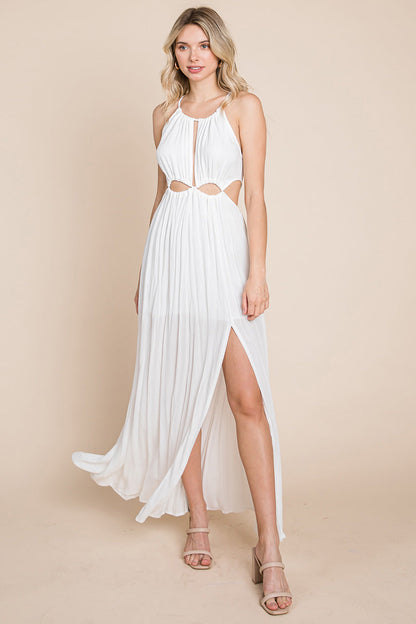 Cream split front cut-out halter maxi dress for women by Aquamarine Gaia, featuring a stylish front slit and sleeveless design.