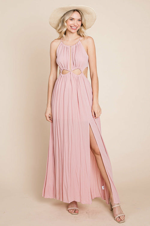 Pink split front cut out halter maxi dress for women by Aquamarine Gaia, featuring a stylish design and flowing fabric.