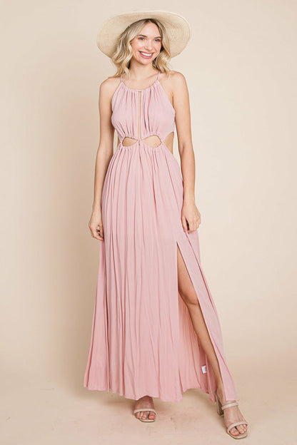 Pink split front cut out halter maxi dress for women by Aquamarine Gaia, featuring a stylish design and flowing fabric.