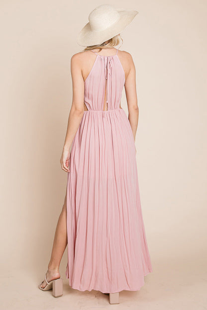 Pink split front cut out halter maxi dress for women by Aquamarine Gaia, featuring a stylish and flowy design.