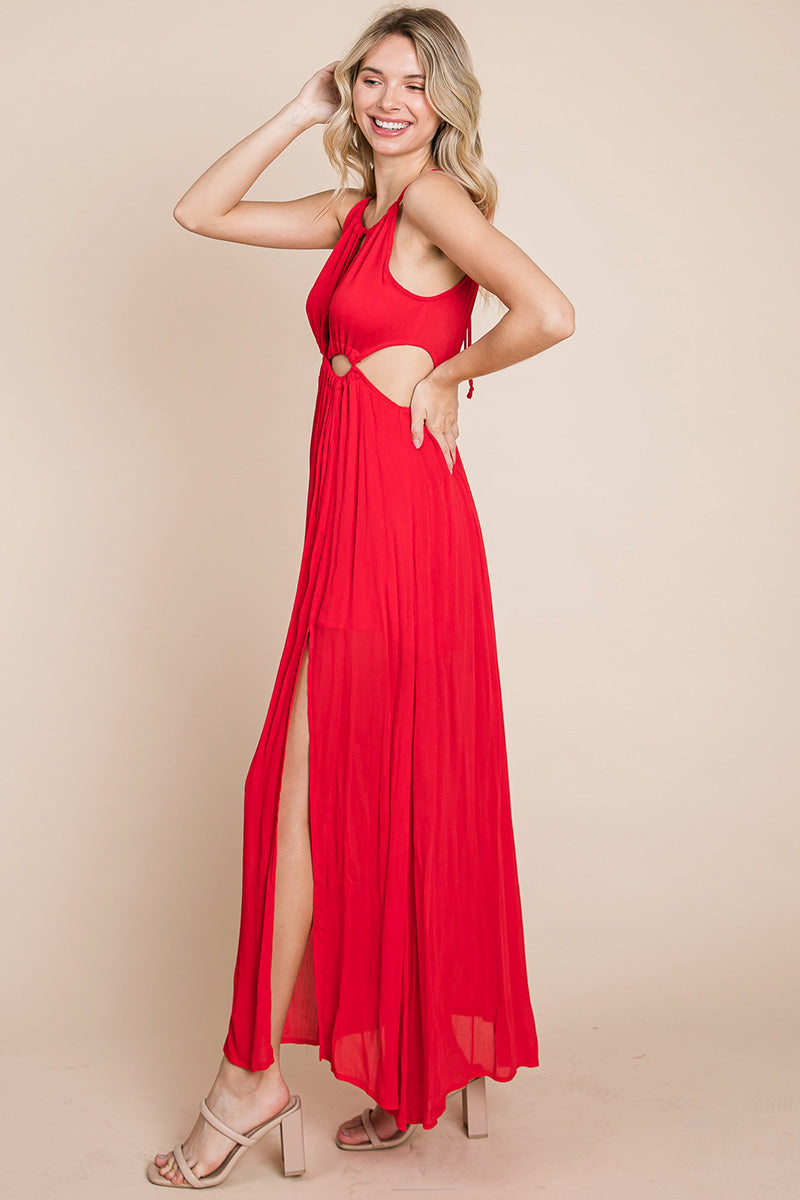 Red split front halter maxi dress by Aquamarine Gaia featuring cut-out details and a flowing silhouette for women&
