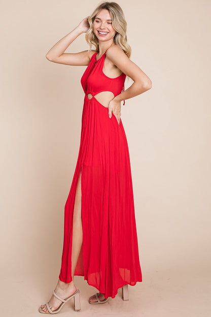 Red split front halter maxi dress by Aquamarine Gaia featuring cut-out details and a flowing silhouette for women&