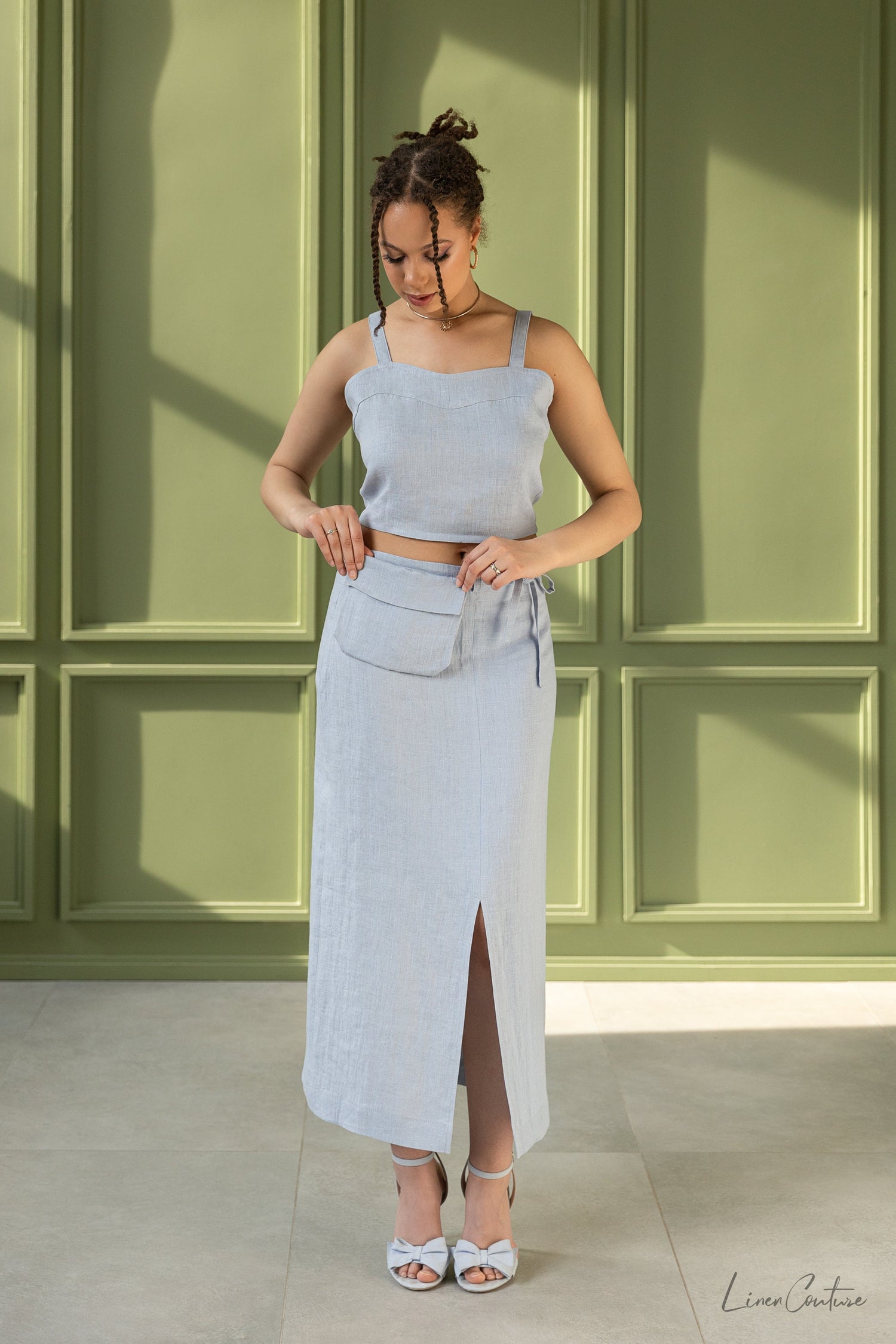 Light grey linen crop top and midi skirt set by Magenta Sugarplum, stylish Bella Vita matching set with a relaxed fit.