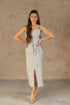 Light grey linen crop top and midi skirt set by Magenta Sugarplum, styled as a matching Bella Vita collection.