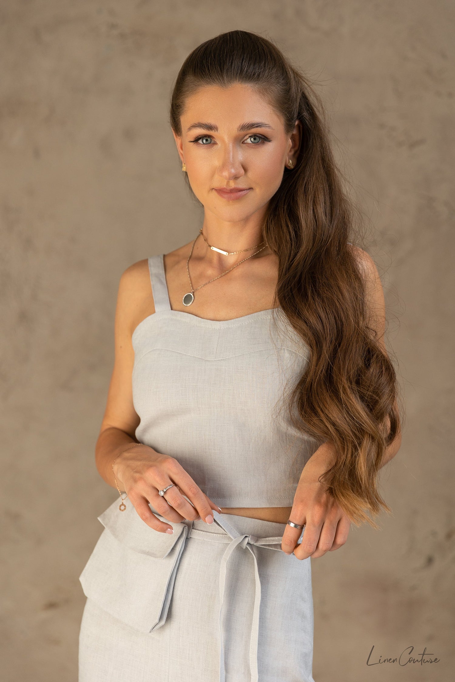 Light grey linen crop top and midi skirt set by Magenta Sugarplum, stylish Bella Vita matching set from Magenta Sugarplum.