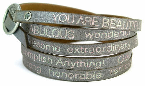 Dark gray wrap-around bracelet by Orange Eunostus with engraved "You Are Beautiful" message, stylish accessory for everyday wear.