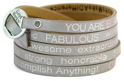 Orange Eunostus Peaceful wrap-around bracelet with "You Are Beautiful" inscription, featuring earthy tones and a stylish design.