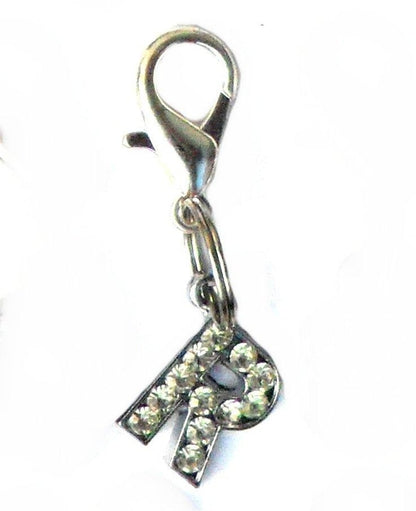 Salmon Oscar A-Z crystal letter pet charm attached to a leash, featuring sparkling crystal embellishments for pet accessories.
