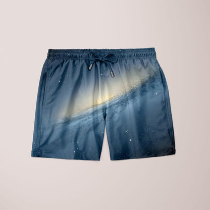 Scorpius Awe Galaxy Shorts, stylish clothing with galaxy-inspired pattern, displayed on a hanger against a plain background.