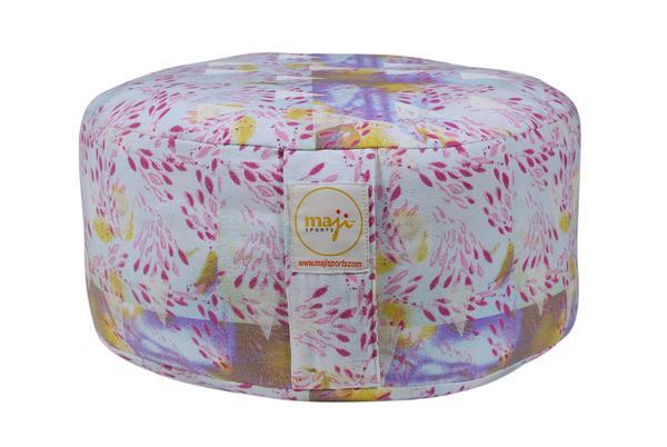Azure Jason Mod Zafu in vibrant fabric, round floor cushion for meditation and relaxation, sports and outdoor use.
