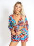 Rainbow Waves Bohemian front tying crop top for women by Azure Thanatos, featuring vibrant rainbow wave pattern and relaxed fit.