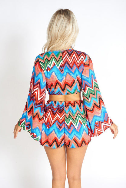 Rainbow Waves Bohemian front tying crop top for women by Azure Thanatos, featuring colorful wave patterns and a stylish front tie.