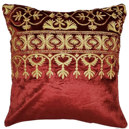 Red cotton viscose velvet blend fabric cushion cover with intricate design, perfect as a home accent or decorative throw pillow.
