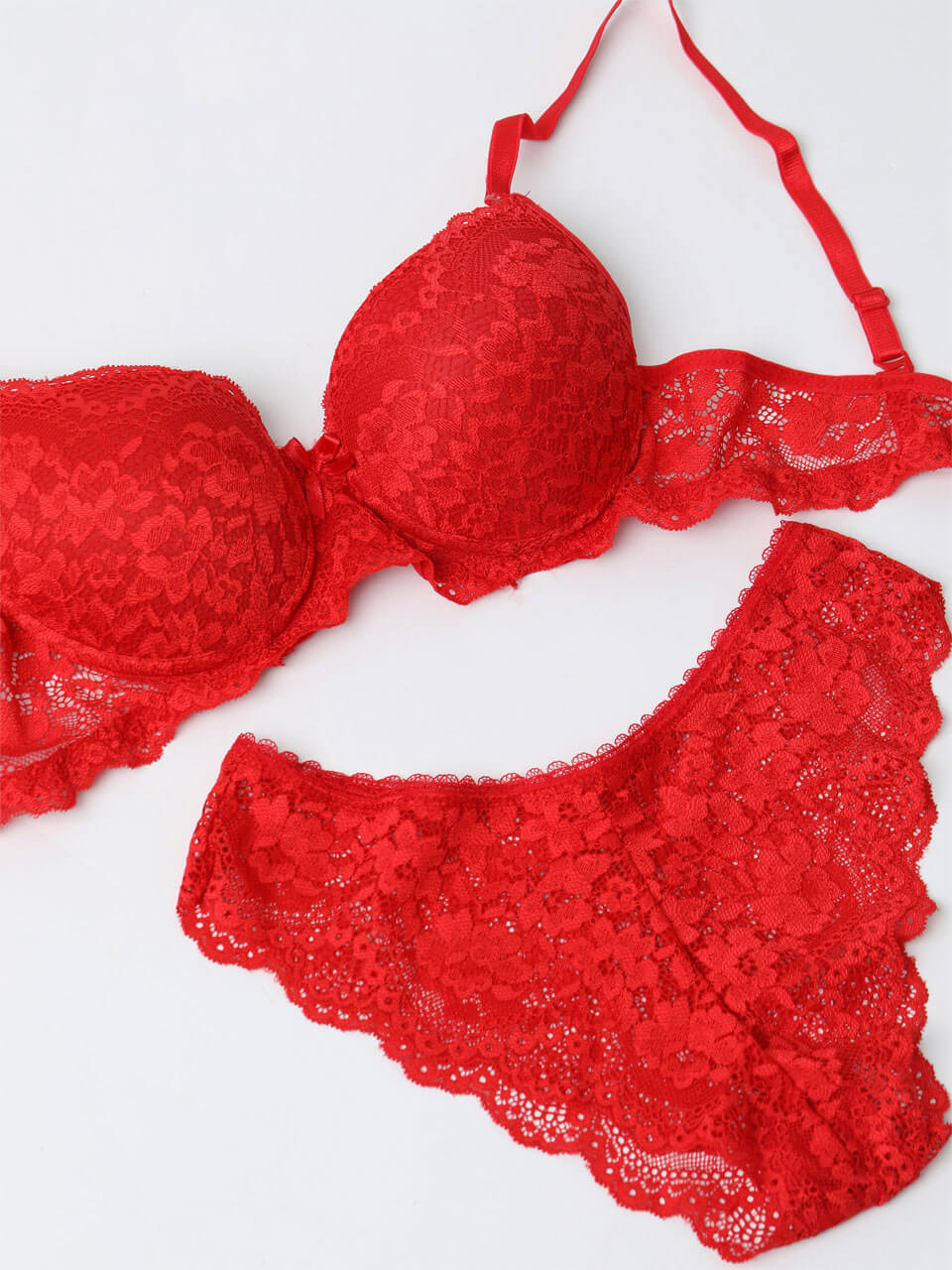 Red lace half cup bra set for women by Harlequin Icarus, featuring intricate lace details and a supportive design.