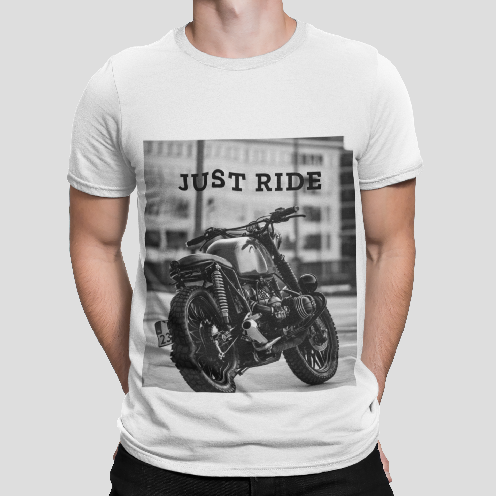 White motorcycle T-shirt by Yellow Pandora featuring "Just Ride" heavy cotton design and motorcycle graphic.